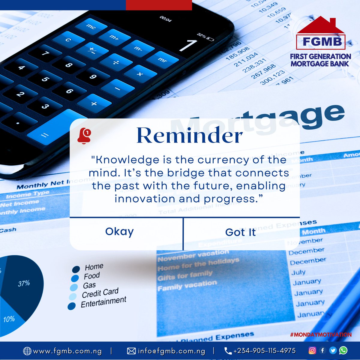 With knowledge comes understanding and with understanding comes power. Cheers to a fulfilled week. 👍

Call/WhatsApp 09051154976
Visit us for your mortgage enquiries.

#fgmb #mondayreminder #mortgagemondays #KnowledgeIsPower