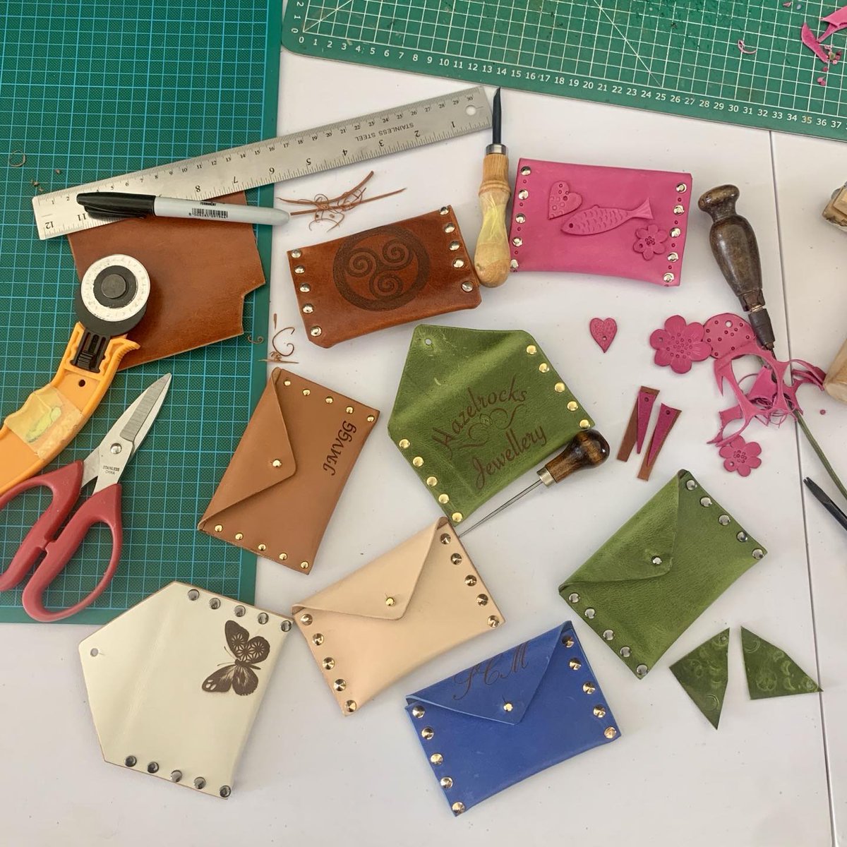 Some of the fab work this morning on our Leather making workshop with @UnaBurkeLeather in King House, Roscommon. Beautiful laser engraved designs on these handmade coin purses.