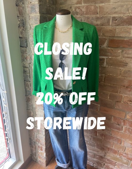 20% Off STOREWIDE!!
Note* All sale are final
May 31 is the last do to use gift certificates and credit notes
.
.
#shopck #ckont #closingsale #josephribkoff #jagjeans #rdstylelabel #chatham #sarnia #windsor #london #toronto #styleover40 #styleover50 #styleover30 #styleover60