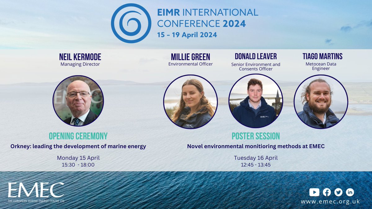 Neil is presenting at EIMR today discussing Orkney’s leading role in the development of marine energy.🌊

Tomorrow, Millie, Donald and Tiago, are presenting on novel environmental monitoring methods at EMEC.🌍

Looking forward to seeing everyone, get in touch to catch up!