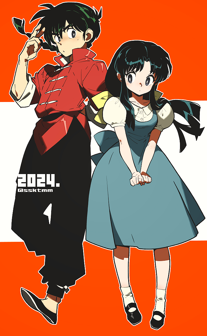 saotome ranma ,tendou akane 1girl long hair short hair black hair 1boy dress bow  illustration images