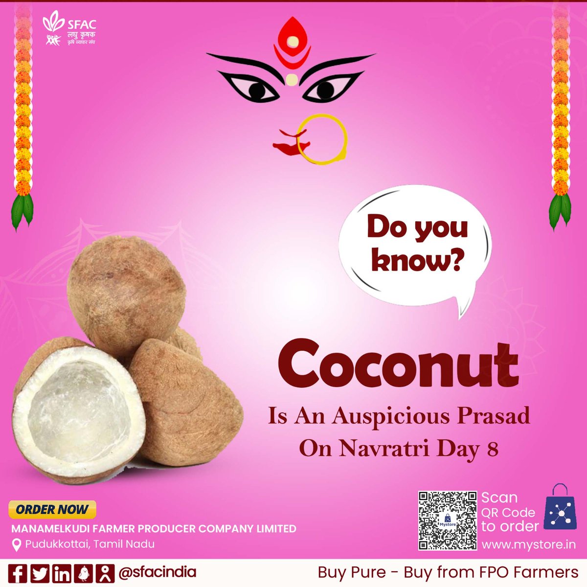 The day 8 of Navratri is to worship Devi Mahagauri. Offering Mata coconut on this auspicious day cleanses all sins. Buy from FPO farmers at👇 mystore.in/en/product/coc… 🪷 @AgriGoI @ONDC_Official @ShriVishwanath @ShriRamTeerth @SSSTShirdi #VocalforLocal #Navratri2024 #Navratri