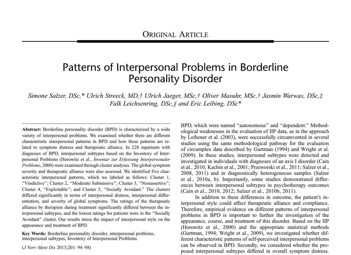 Borderline patients in the 'vindictive problem pattern' self-reported lower functional disturbances, though they remained significantly clinically impaired. In other words, vindictive borderline patients underestimate the severity of their impairment.
