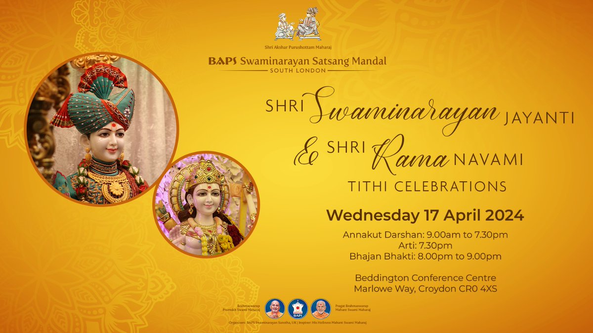 🛕 Join us on Wednesday 17 April 2024 as we celebrate the tithi utsav of Shri Swaminarayan Jayanti &amp; Shri Rama Navami.

Annakut Darshan: 9.00am to 7.30pm
Arti: 7.30pm
Bhajan Bhakti: 8.00pm to 9.00pm

📍Address
Beddington Conference Centre, Marlowe Way, Croydon CR0 4XS