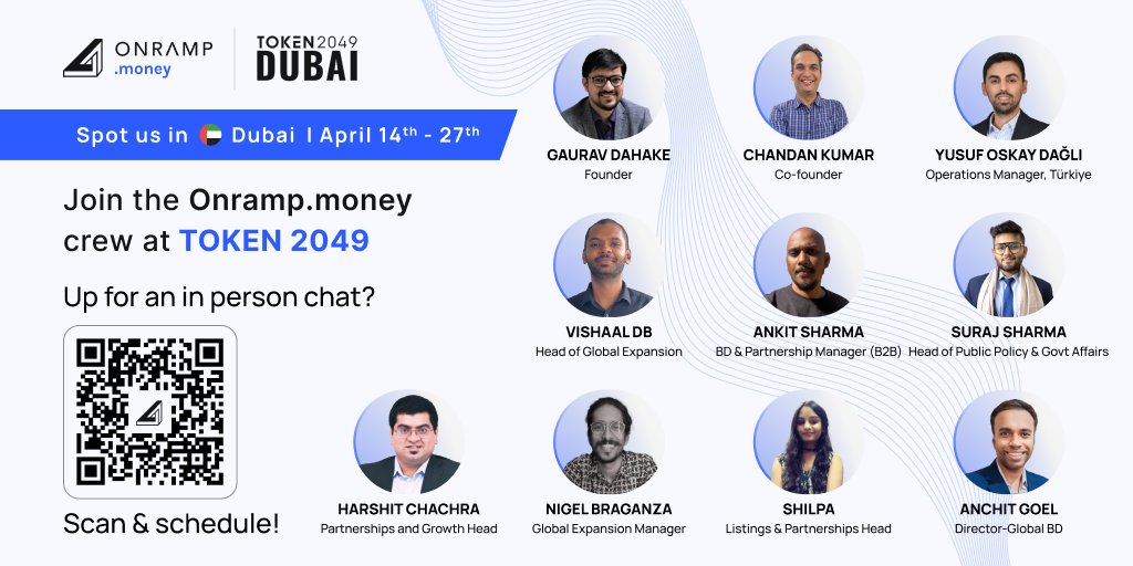 We're sending a squad of 10 from Team Onramp.money✈️✈️Token2049 and cool side events! 🎉 We can't wait to catch up with our awesome clients, meet new faces, and explore fresh collabs in the crypto world. Here's who you'll find there: 🛫 @gauravdahake , CEO 🛫…