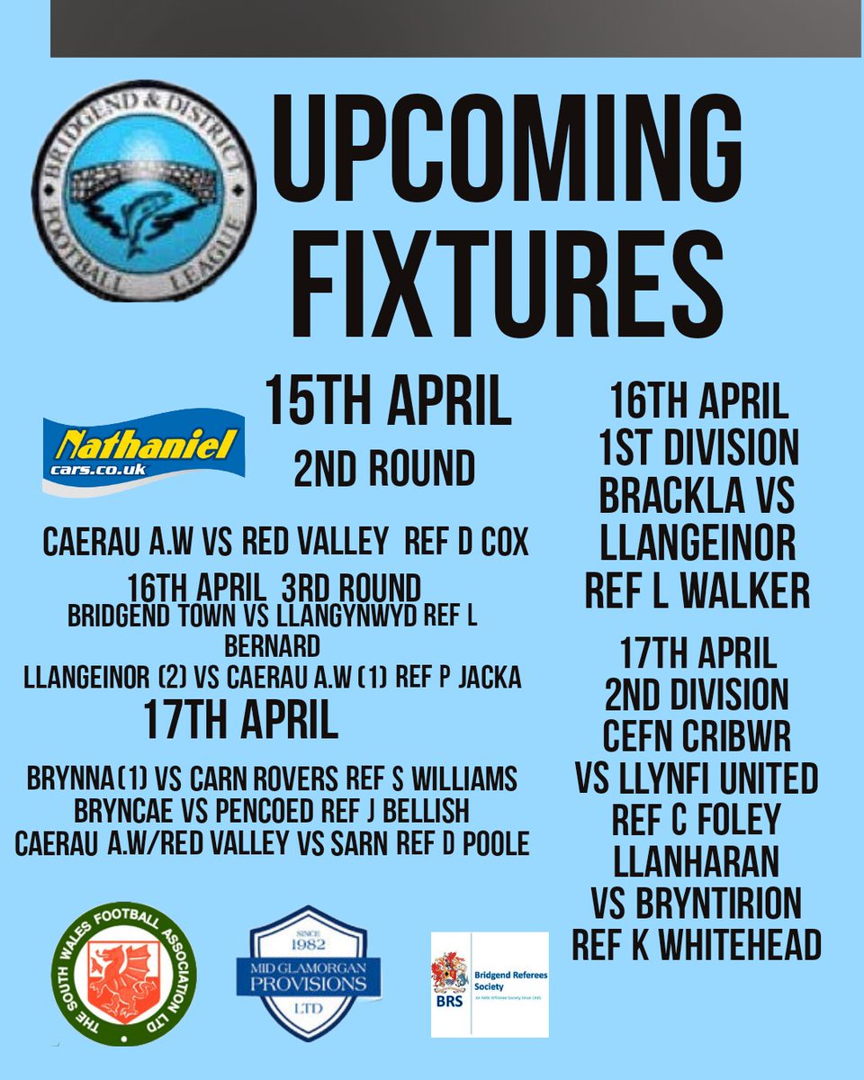 Bridgend & District Football League (@leaguebrid29086) on Twitter photo This week's midweek action, hopefully the rain will stay away
<a href="/CaerauAW/">Caerau All Whites</a> <a href="/LlanRangers/">Llan Rangers BGCW</a> <a href="/RedValleyFC/">Red Valley FC</a> <a href="/BridgendTFC/">Bridgend Town FC</a> <a href="/LlangeinorAFC/">Llangeinor AFC</a> <a href="/FCBrynna/">Brynna Football Club</a> <a href="/CarnRovers_FC/">Carn Rovers FC</a> <a href="/Bryncaefc/">Bryncae FC</a> <a href="/PencoedAthBGC/">Pencoed Athletic BGC</a> <a href="/SarnFC/">SARN FC</a> <a href="/CefnCribwrFC/">Cefn Cribwr FC</a> <a href="/LlynfiUnitedFc/">Llynfi United Football Club</a> <a href="/FcLlanharan/">Llanharan fc</a> <a href="/BryntirionAfc/">BRYNTIRION</a> This week's midweek action, hopefully the rain will stay away
<a href="/CaerauAW/">Caerau All Whites</a> <a href="/LlanRangers/">Llan Rangers BGCW</a> <a href="/RedValleyFC/">Red Valley FC</a> <a href="/BridgendTFC/">Bridgend Town FC</a> <a href="/LlangeinorAFC/">Llangeinor AFC</a> <a href="/FCBrynna/">Brynna Football Club</a> <a href="/CarnRovers_FC/">Carn Rovers FC</a> <a href="/Bryncaefc/">Bryncae FC</a> <a href="/PencoedAthBGC/">Pencoed Athletic BGC</a> <a href="/SarnFC/">SARN FC</a> <a href="/CefnCribwrFC/">Cefn Cribwr FC</a> <a href="/LlynfiUnitedFc/">Llynfi United Football Club</a> <a href="/FcLlanharan/">Llanharan fc</a> <a href="/BryntirionAfc/">BRYNTIRION</a>