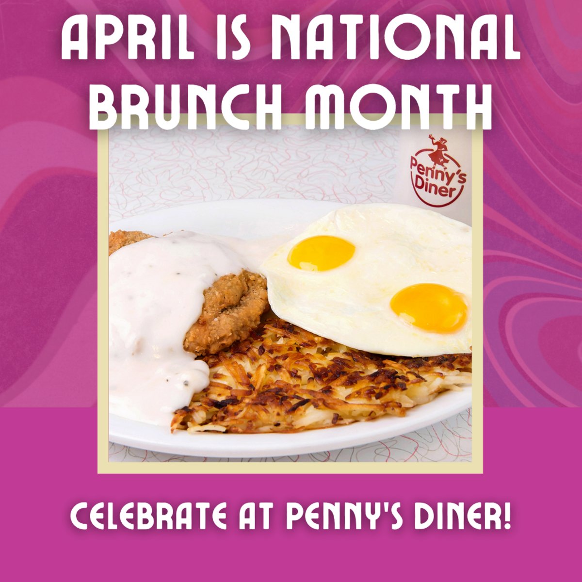 Brunch lovers unite! April is #NationalBrunchMonth, and #PennysDiner is THE place to celebrate with our #alldaybreakfast featuring classics, such as our Ranch Breakfast, Chicken and Waffles, and Breakfast Sandwich. Now that's #brunch goals!