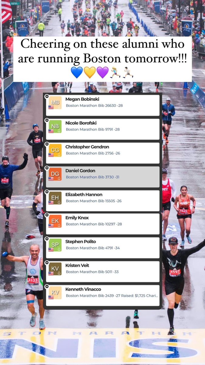 Here’s a little extra cheering interest with some @StonehillXC_TF alumni running @bostonmarathon today! #GoHill