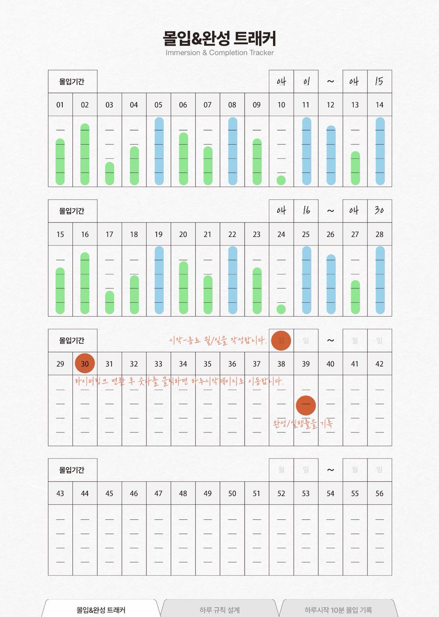 기본 56일 동안 하루 시작할 때 ✔️탐색하고>✅몰입하고>🍀실천할 것에 집중하기