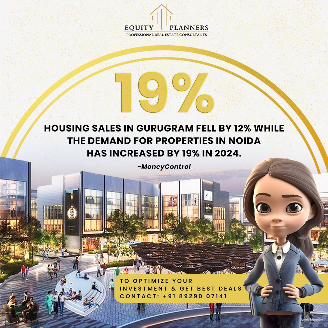EquityPlanners's tweet photo. Housing sales in Gurugram fell by 12% whilethe demand for properties in Noida has increased by 19% in 2024. 

To optimize your investment &amp; get best deals contact : +91 8929007141

Visit our website: https://t.co/KWBhgU2Nur https://t.co/g1KXVTJ2w3
