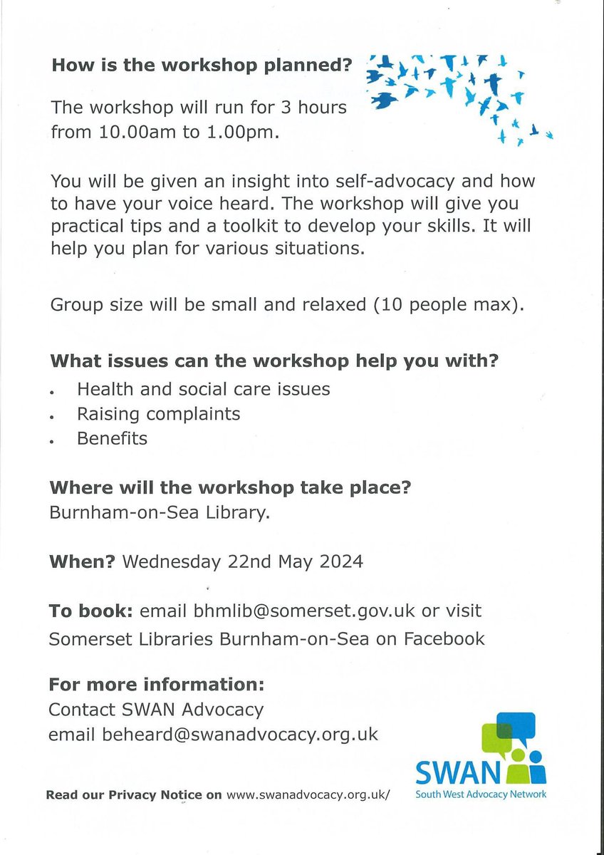 @SomersetLib @SWANadvocacy will also be at #BurnhamLibrary later on in the month of May. 

All details on the workshop itself and how to book on the posters ⬇️

#BeHeard