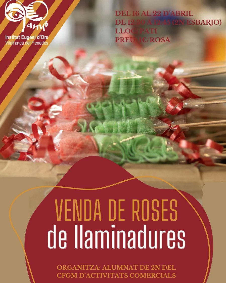 S’acosta Sant Jordi i tornen a l'Eugeni les tradicionals i esperades roses de llaminadures que elabora l'alumnat d'Activitats Comercials! 🌹

Més informació: ies-eugeni.cat/mod/forum/disc…

#EdOrs  #penedès  #Vilafranca