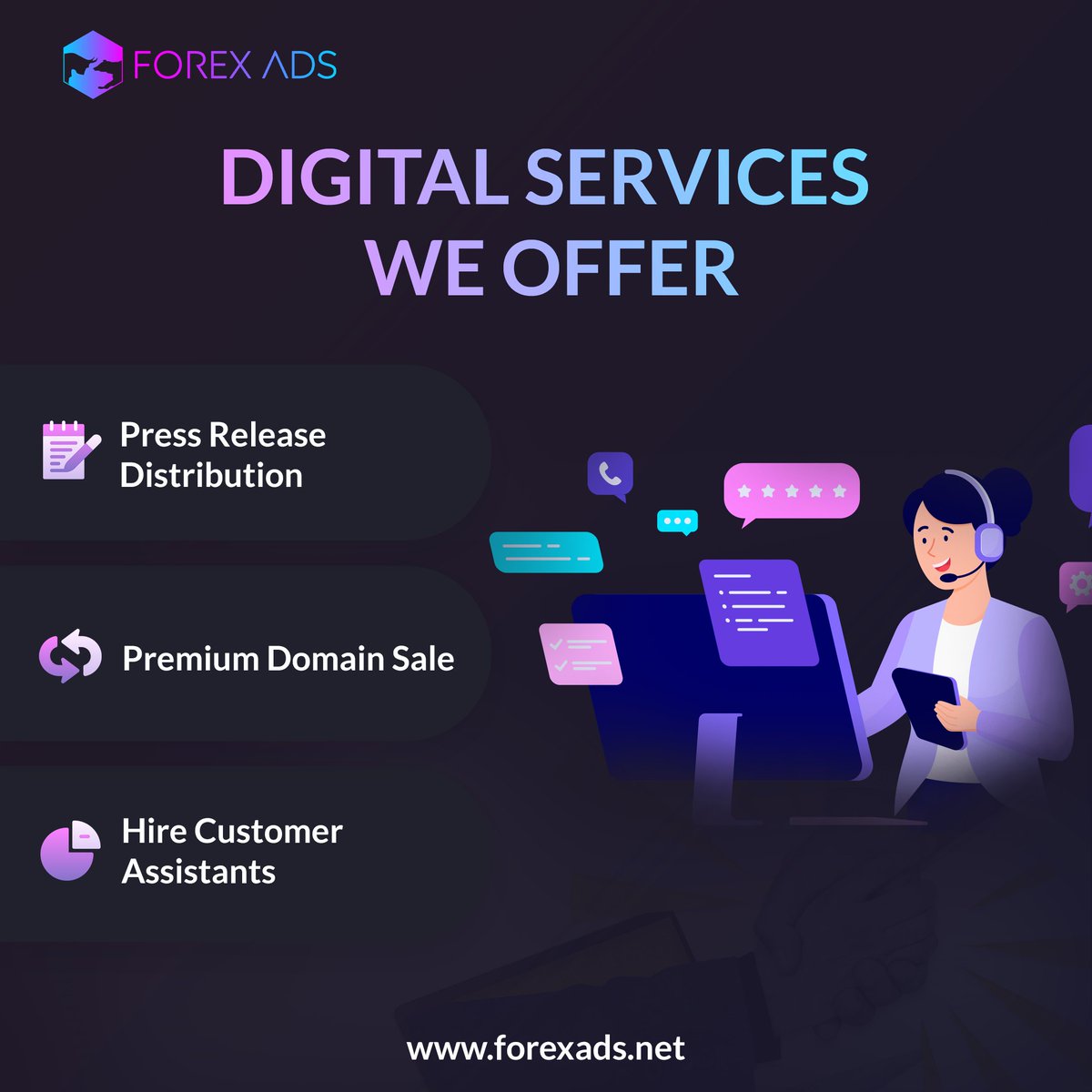 Explore Our Digital Services ⚙️💻
Press Release Distribution, Premium Domain and Customer Assistants. We've got the tools to elevate your online presence and customer engagement. Let's make your digital dreams a reality! 💯
#DigitalServices #Forex #DigitalSolution #Marketing