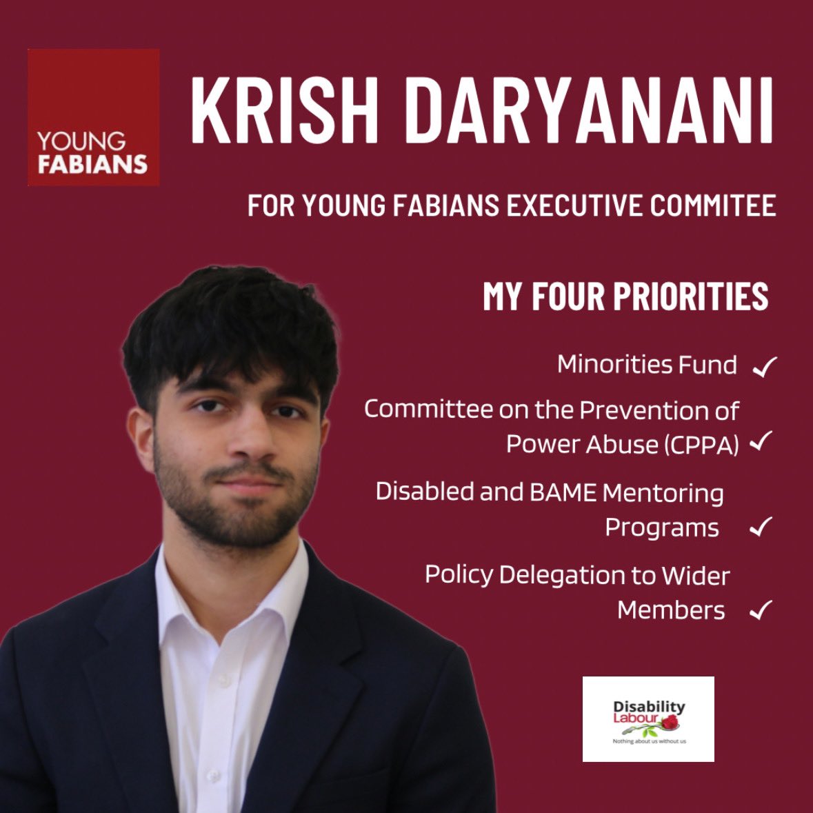 I am excited to announce that I will be standing in the Young Fabians Executive Committee Elections, proudly endorsed by @DisabilityLab!