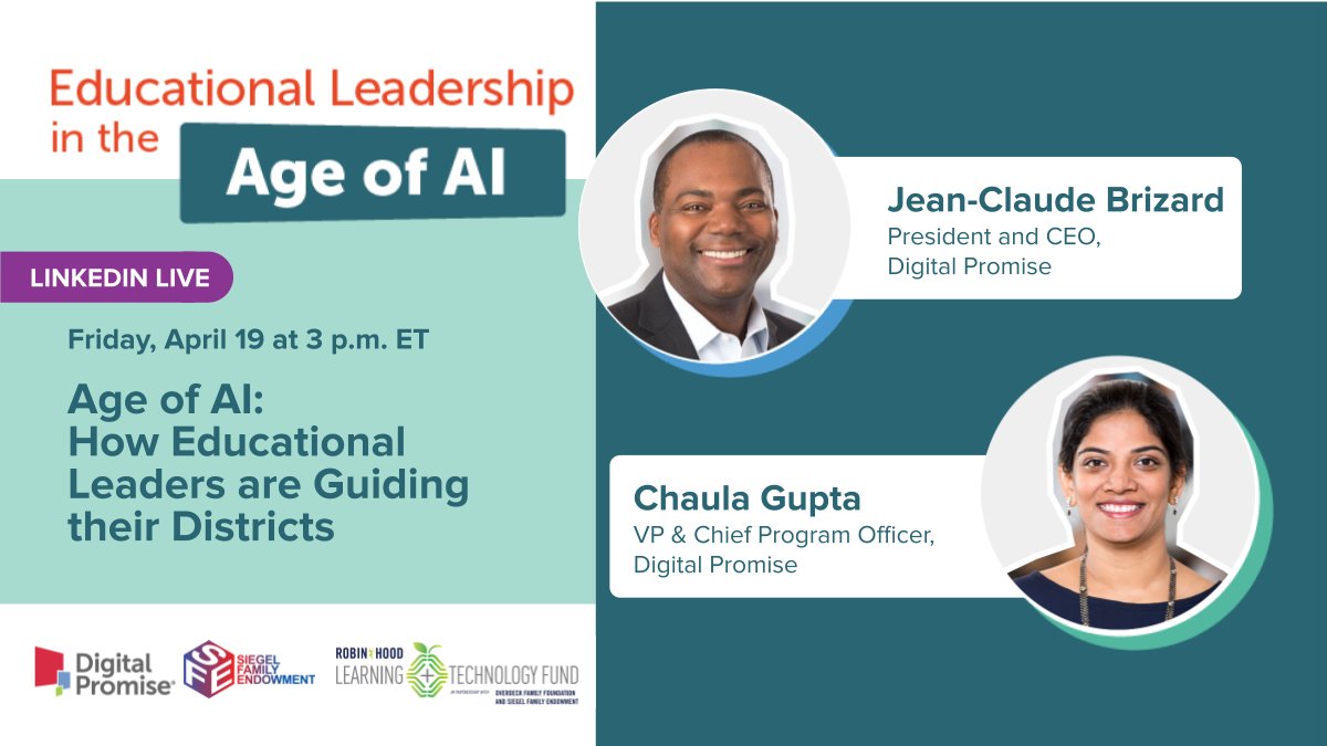 How are educational leaders guiding their districts in an age of AI? Join us on National #AILiteracyDay for our next Age of AI webinar featuring perspectives from district leaders from around the country bit.ly/3TEPDTa @siegelendowment @RobinHoodNYC @DPLeague