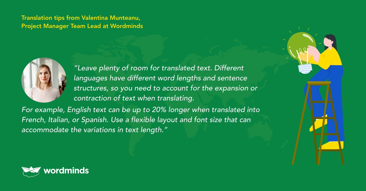 🚀 Our new posts' series, WordmindsTips starts with the one from Valentina Munteanu, our Project Manager Team Lead💡

Follow it to ensure that your material remains functional and visually pleasing across various languages. 🌍

#translation #localisation #translationservices