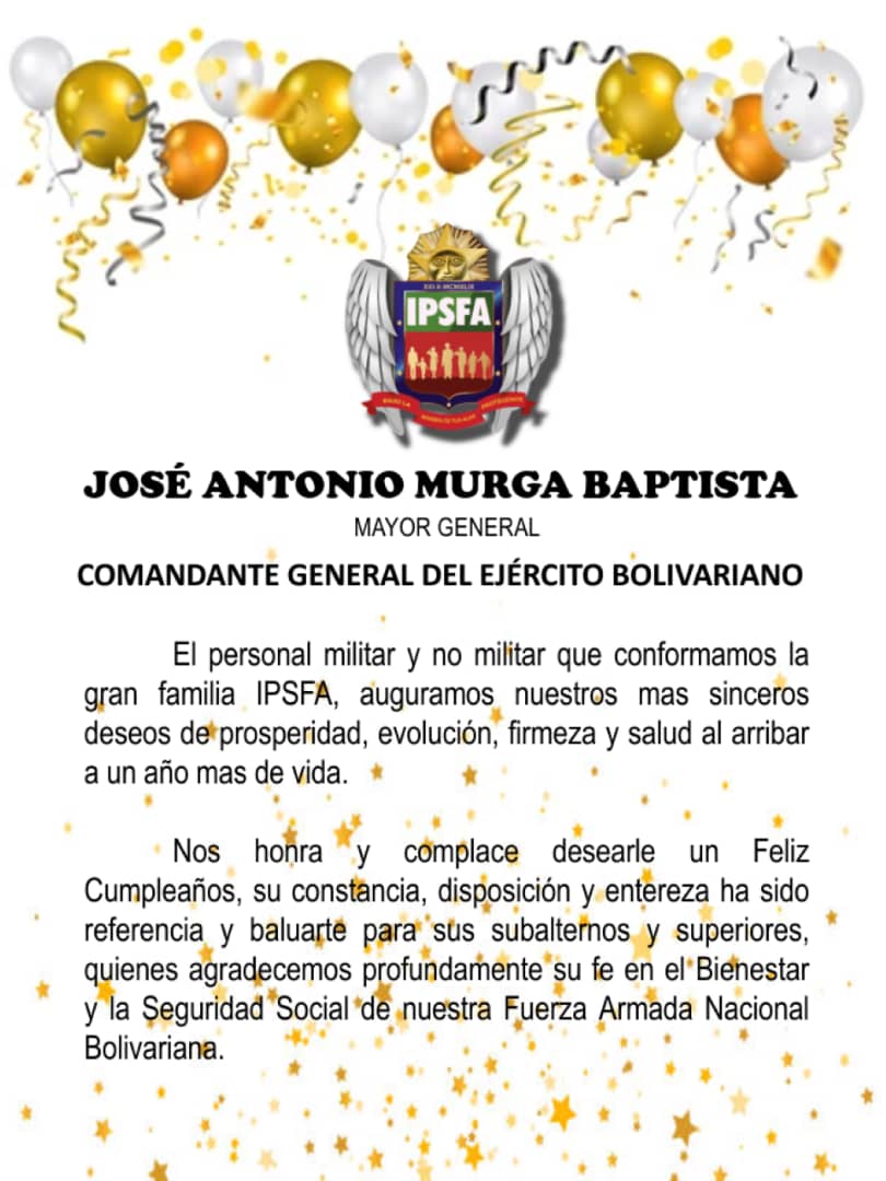 IPSFAespatria's tweet image. #15Abr || La gran familia #IPSFA se complacen en felicitar al MG José Antonio Murga Baptista. Comandante @somos_ejercito, por celebrar hoy un año más de vida. 

¡Feliz Cumpleaños!