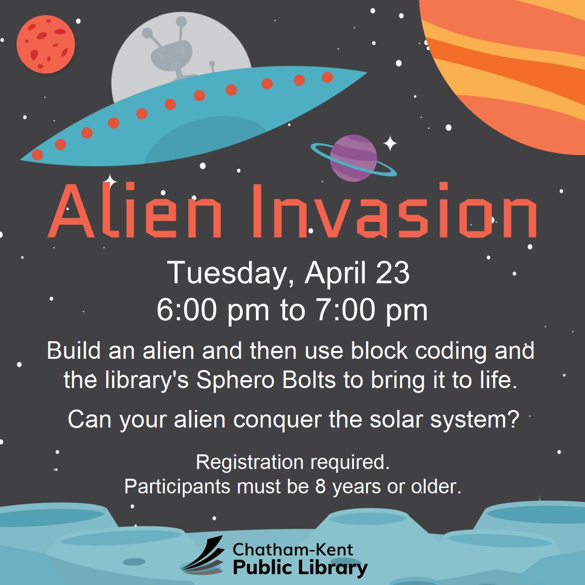 Join the CKPL on Tuesday, April 23 at 6pm to build an alien and use block coding and the library's Sphero Bolts to bring them to life! Participants must be 8 years or older. Call (519-354-2940) to register. #YourTVCK #TrulyLocal #CKont #CKPL