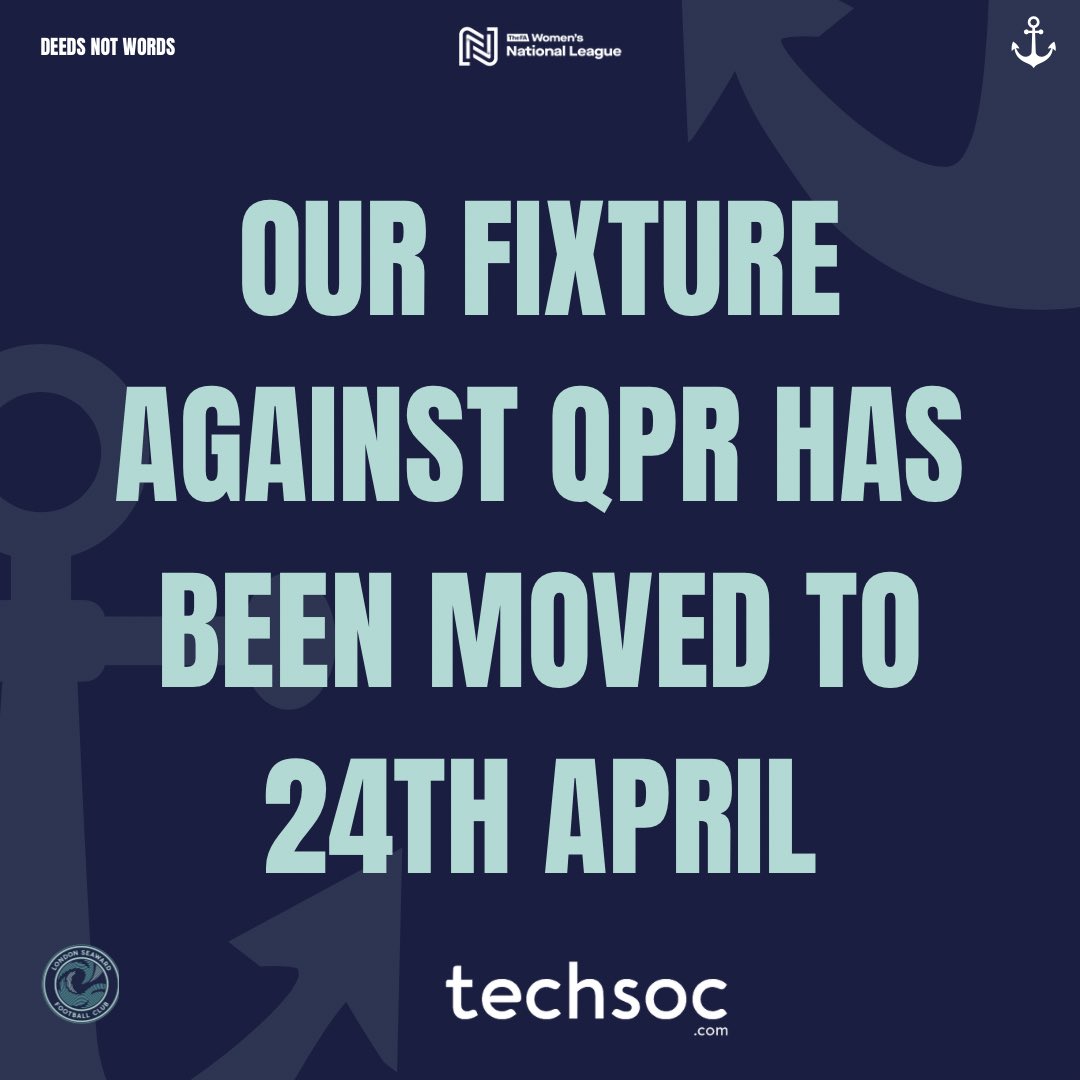 ⚓️ QPR GAME POSTPONED ⚓️

Our game against @QPRWFC has been rescheduled to 24th April. 

#LSFC #ComeOnYouAnchors #AnchorArmy