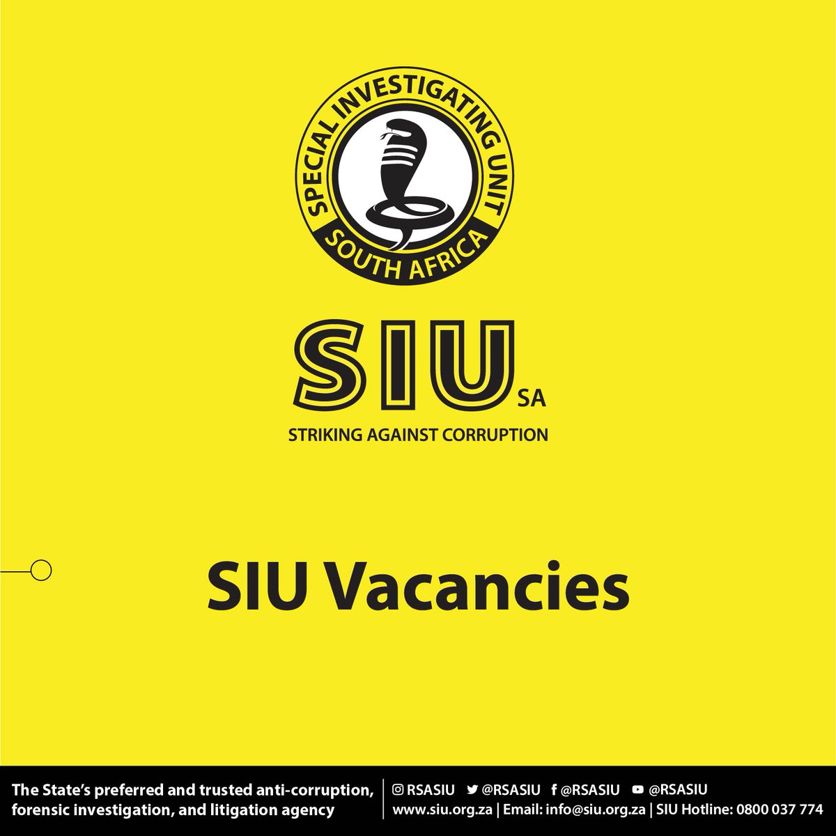 RSASIU's tweet photo. #JobSeekersSA| The SIU is seeking to fill the following vacancies: 
Forensic Accounting Specialist X1 Permanent: https://t.co/VE4vOvkU1F
Project Specialist X1 Permanent: https://t.co/JfUIWGjdOT
Senior Manager: Cyber Forensic and Forensic Data X1 Permanent: https://t.co/zatJ0YQotf https://t.co/r3VLX7Lf3W