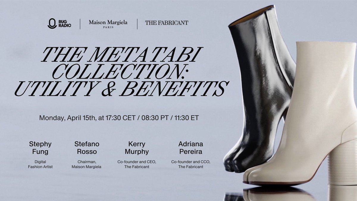 Stefano Rosso, Chairman of Maison Margiela, Adriana Hoppenbrouwer-Pereira and Kerry Murphy, Founders of @TheFabricant, will be talking with @RugRadio about tomorrow's #MetaTABI Collection drop. Follow @StephyFung Instagram Live today at 17:30 CET to stay up to date.