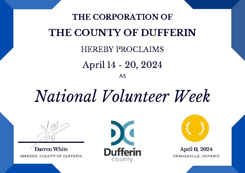 #DufferinCounty Warden Darren White and County Council proclaim April 14 to 20 #NationalVolunteerWeek in Dufferin. This week and always, thank you to the volunteers in our community who strengthen inclusivity and well-being in Dufferin County. #NVW2024 #EveryMomentMatters