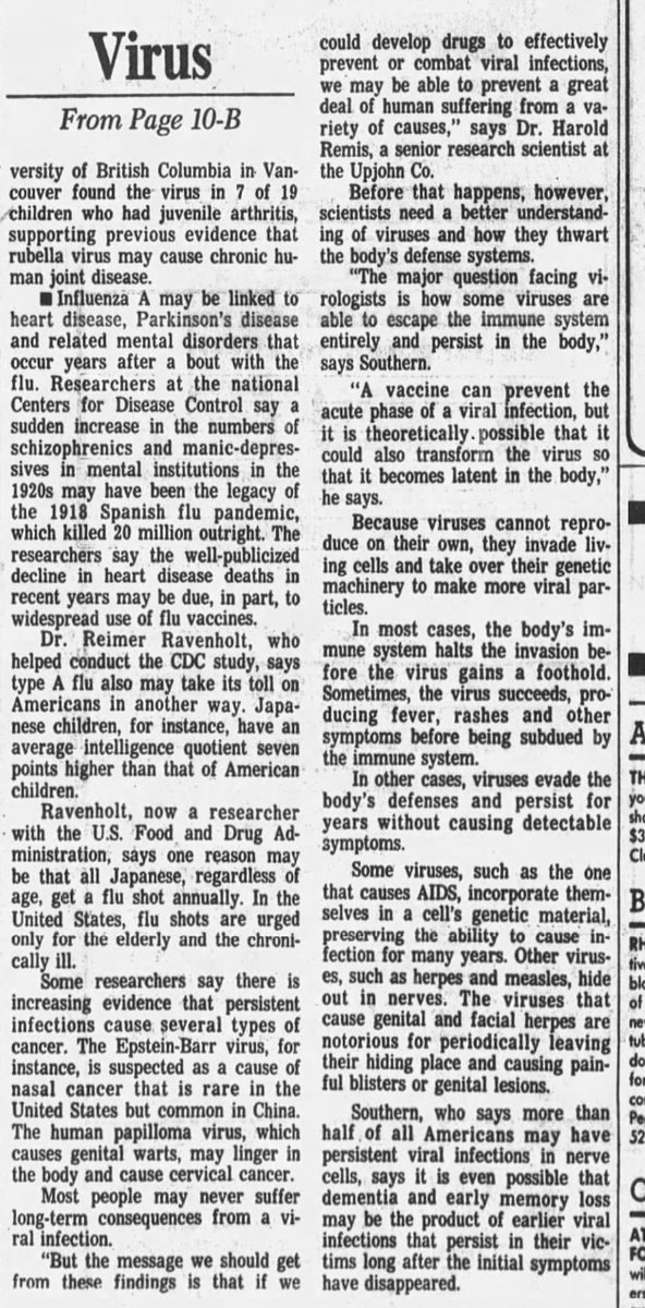 An article about the potential long-term effects of viral infections from this date, thirty-eight years ago. The Atlanta Constitution, US. 15th April 1986. #mecfs #cfsme #longcovid #MyalgicEncephalomyelitis #myalgice #chronicfatiguesyndrome #cfs.