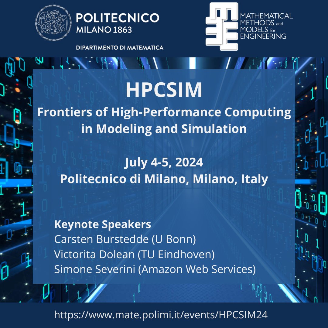 ECCOMASofficial's tweet image. HPCSIM24 workshop in Milano🇮🇹 @polimi

🖥️HPCSIM aims to explore recent methodologies to accelerate #simulation software on massively parallel platforms and provide researchers and practitioners with a survey on the potential of #HPC in real-world applications.
#parallelcomputing