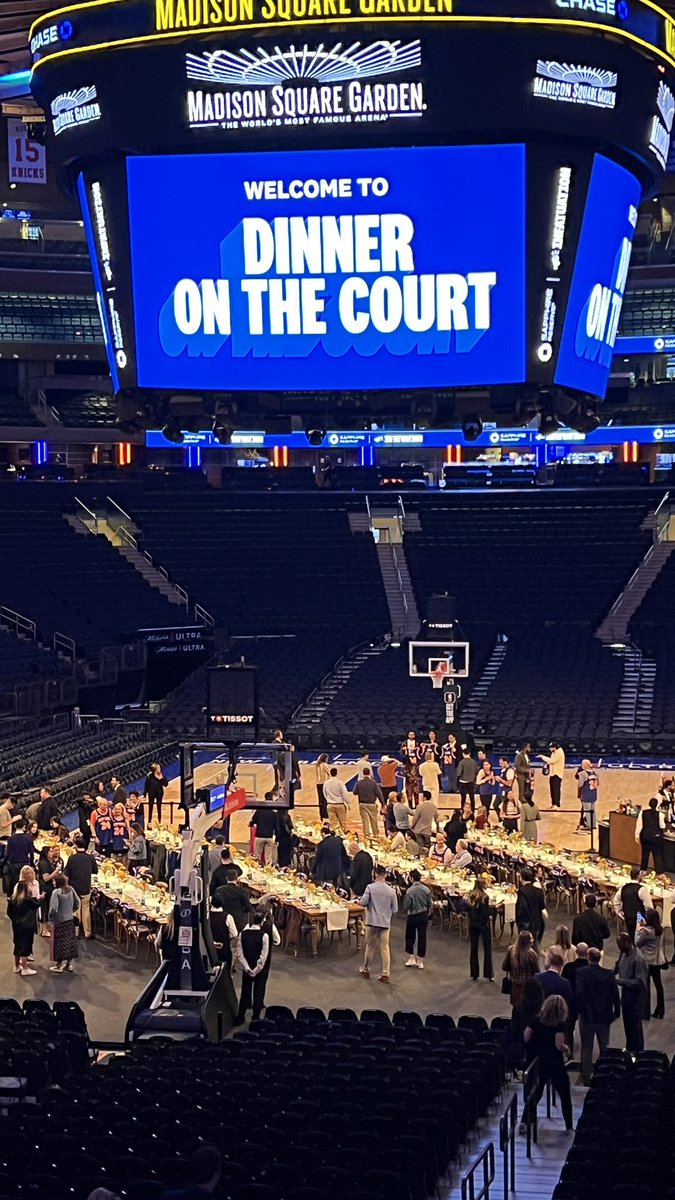 schmooey's tweet photo. About last night… 

We hosted an @infatuation x @Chase Sapphire Dinner On The Court w/@wildairnyc. First time @TheGarden has ever hosted a dinner on the actual 🏀 court. 

Not a bad way to celebrate an amazing @nyknicks regular season…

A+ balls 📸 @CountOnVic https://t.co/zf9sT6qRHh