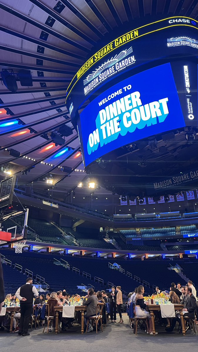 schmooey's tweet photo. About last night… 

We hosted an @infatuation x @Chase Sapphire Dinner On The Court w/@wildairnyc. First time @TheGarden has ever hosted a dinner on the actual 🏀 court. 

Not a bad way to celebrate an amazing @nyknicks regular season…

A+ balls 📸 @CountOnVic https://t.co/zf9sT6qRHh