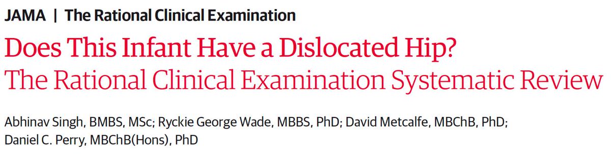 Delighted to share our research published in @JAMA_current today: shorturl.at/kxX16 🔍We evaluated the diagnostic test accuracy of the newborn clinical examination in identifying dislocated hips. 🧵A short tweetorial of our findings…(1/7)