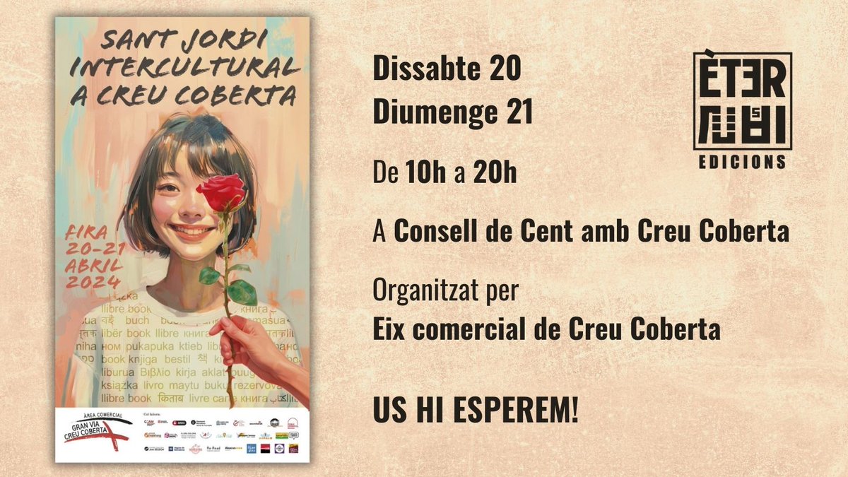 Bon dia!
🌹🌹 Aquest proper cap de setmana, 20 i  21 d'abril, ens podreu trobar al Sant Jordi de Creu Coberta! 
🔎Serem davant del Mercat d’Hostafrancs de 10 a 20h. 
📖 A la nostra parada hi trobareu el nostre catàleg en català i una selecció de llibres en àrab!
Us hi esperem!🔥