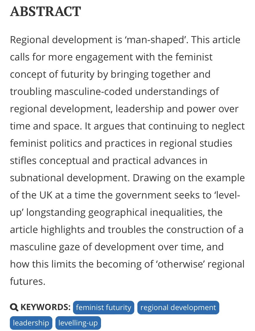 📣Dr Emma Ormerod awarded best paper 2024 in @RegionalStudies Urban and Regional Horizons. 🎉 On challenging female exclusions in regional development and place leadership ✊🏼Paper here doi.org/10.1080/003434… Video here: youtu.be/oeziZVEXIis @CURDSNewcastle @regstud