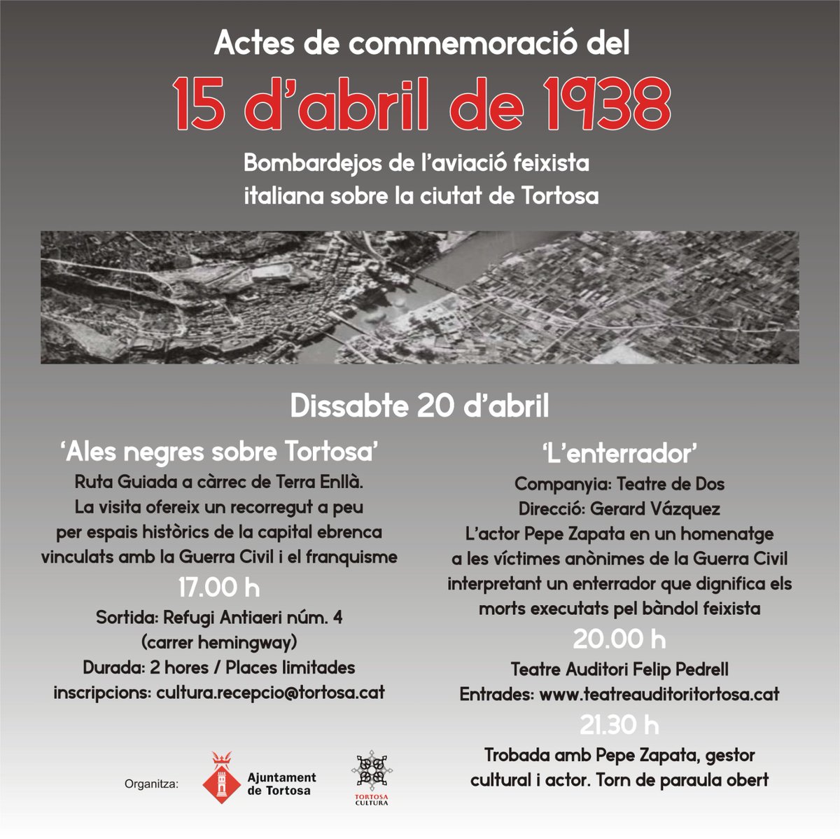 MEMÒRIA DEMOCRÀTICA | Avui fa 86 anys de l'atac aeri més destructiu de l'aviació feixista italiana sobre Tortosa. Dissabte 20 d'abril hem programat dos actes per recordar els bombardejos durant la Guerra Civil: