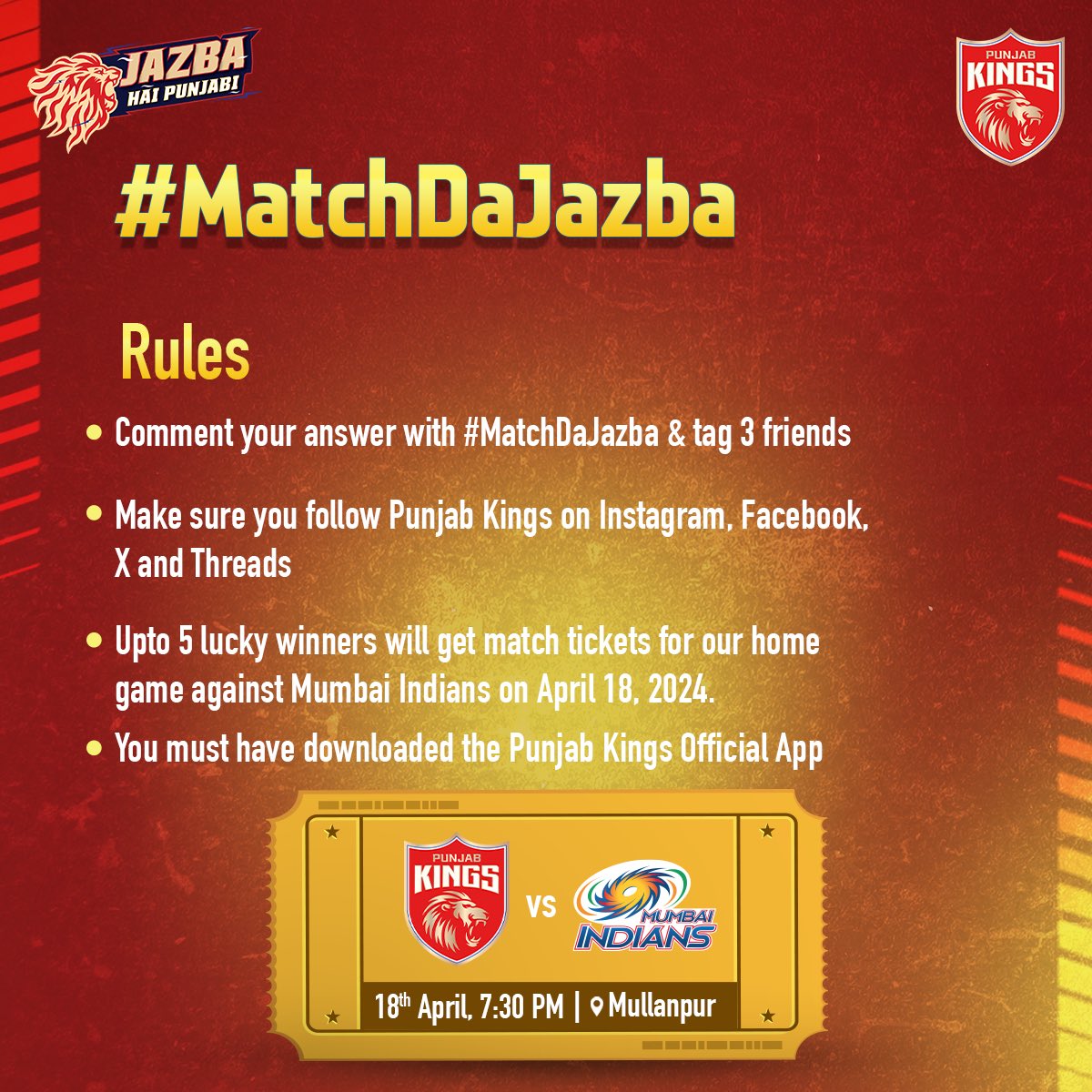 #SherSquad, here is your chance to witness the action against Mumbai Indians live from Sadda Akhada 2.0! 🏟🤩 Guess the correct answer and follow the rules of the #MatchDaJazba contest to win match 🎟s. Swipe to know them and hurry up! ⬅🥳 #SaddaPunjab #PunjabKings