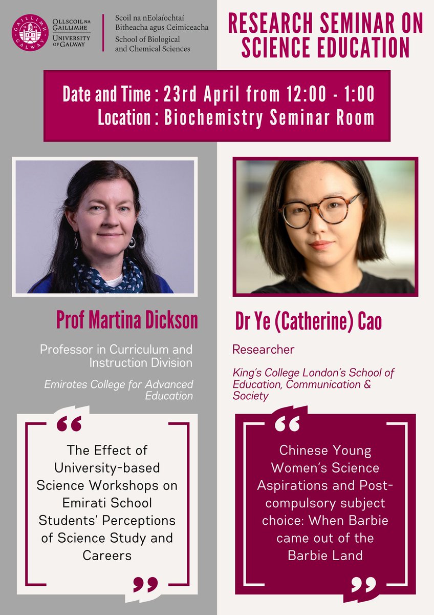 Next Tuesday at the University of Galway, I will share findings from my PhD work on Chinese young women's science aspirations and post-compulsory subject choice. I am looking forward to meeting my collaborators！ Prof Martina Dickson, Dr @MurielGrenon, and @Shannon_S16 ❤️❤️😊😊