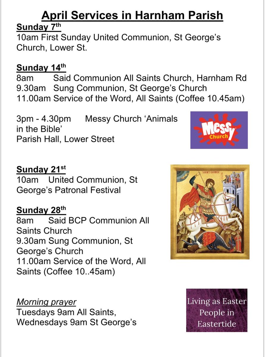 This Sunday 21st April, we'll be celebrating St. George's patronal festival with a united service at 10am at St. George's Church. There is a celebratory lunch in the parish hall afterwards, pls comment if booking info needed