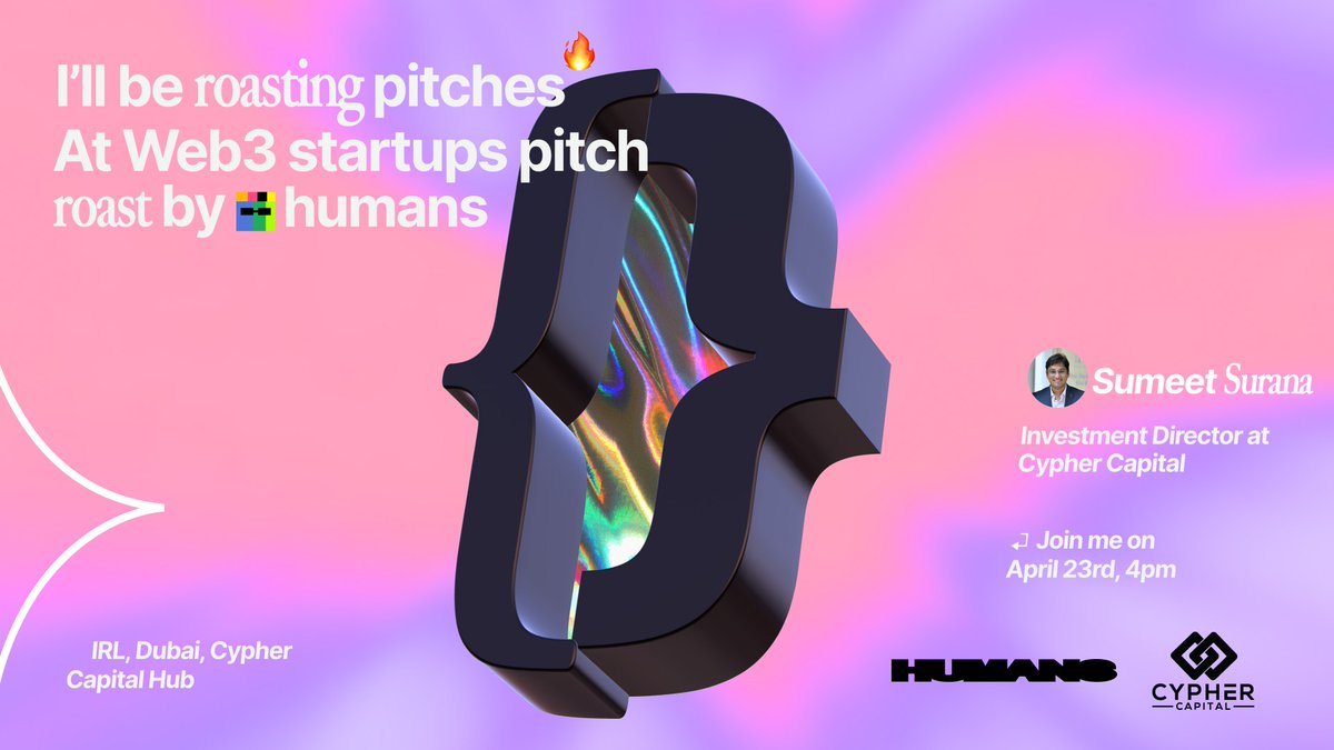 IRL Startup Pitch Roast in Dubai. Last 3 startups slots available. Exclusive invite for investors. 📍 April 23, 4 pm. Cypher Capital Hub Let's meet up and grill some projects: humans.work/events/humans-… Thank you our co-organizers @cypher_capital and partners @paysenger & Guru…