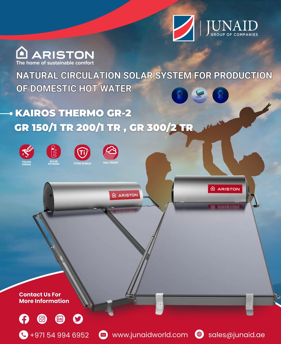 JUNAIDGROUP's tweet photo. Tired of high energy bills and relying on fossil fuels for hot water? Switch to an ARISTON  natural circulation solar system! 🌞#GoGreen #SolarPower #SustainableLiving #RenewableEnergy #CleanEnergy #SolarEnergy #SustainableLifestyle 🌿🚰 https://t.co/gv83LaWpsT