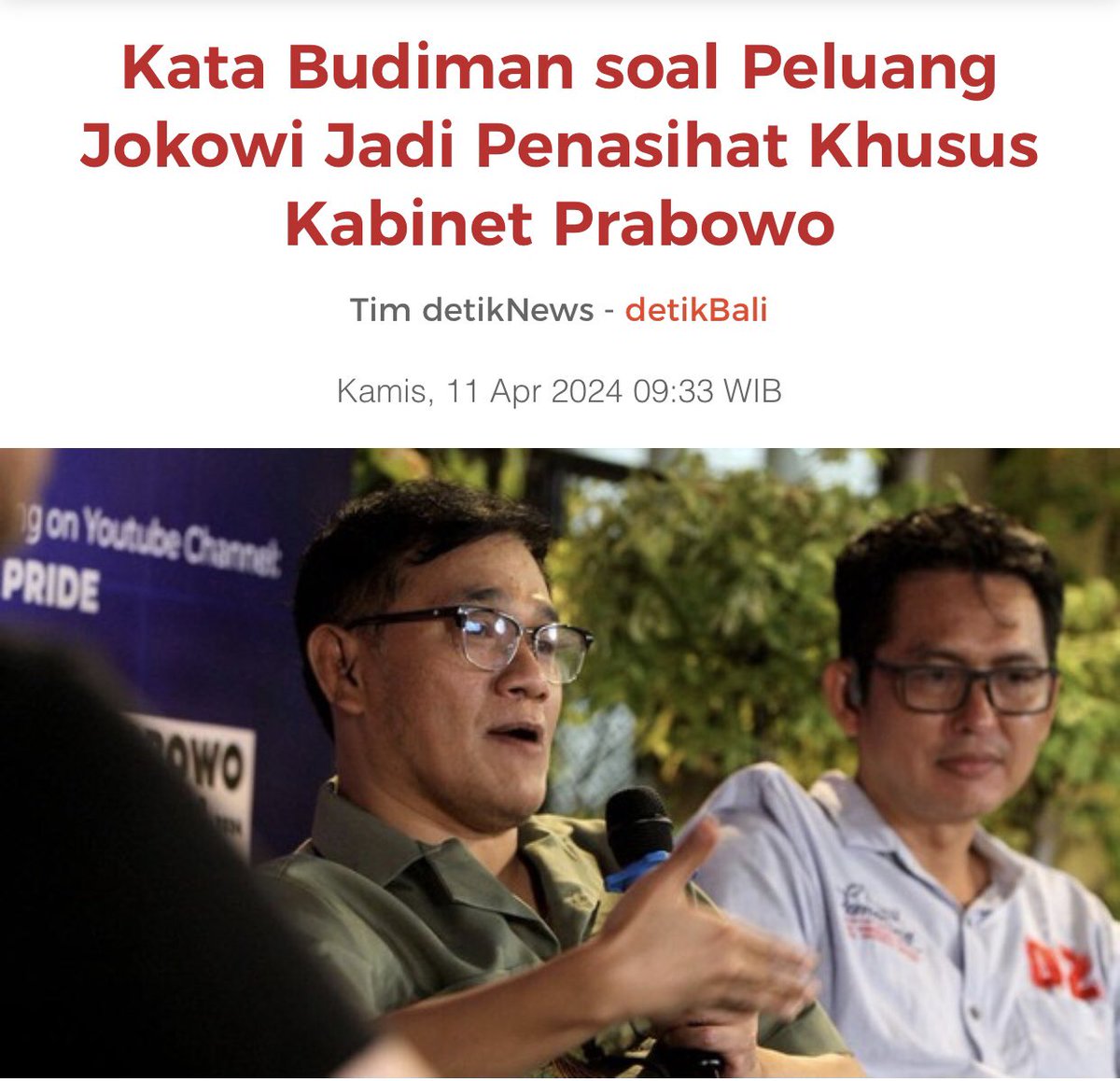 Menurut Wakil Ketua Dewan Pakar TKN Prabowo -Gibran @budimandjatmiko ; Presiden @jokowi BerPeluang menjadi Penasihat Khusus Kabinet Prabowo , karena pak Jokowi Memiliki kapasitas untuk mengemban posisi tersebut. dtk.id/NXHJWs