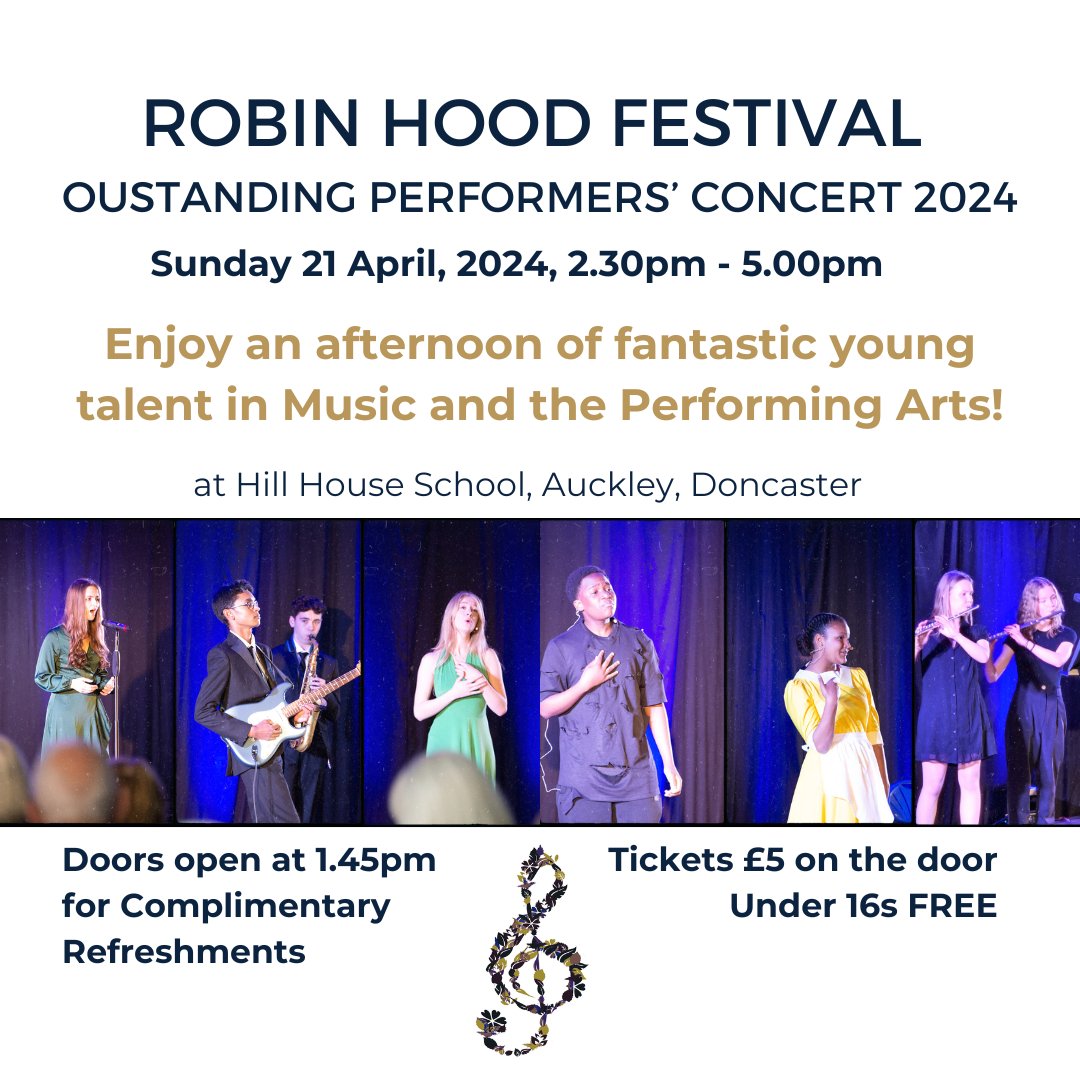 The Outstanding Performers' Concert is on Sunday @HillHouseSchool!

Come and enjoy music and drama, performed by the very best of this year's festival!

Line-up details announced soon! 🤗
#DoncasterisGreat #Music #Drama #PerformingArts