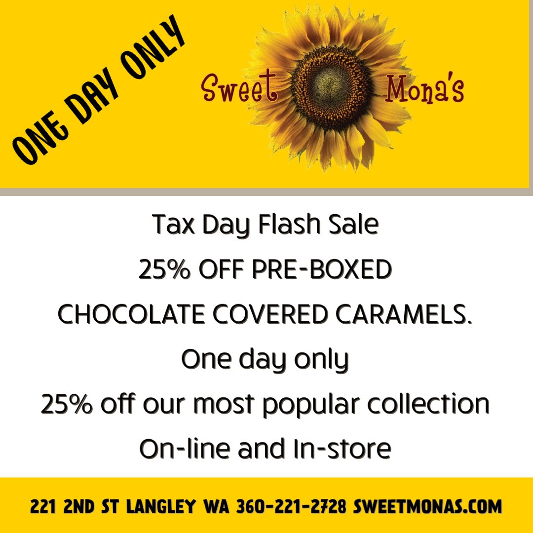 sweetmonas's tweet image. For one day only/ Today, April 15th get 25% OFF PRE-BOXED CHOCOLATE COVERED CARAMELS. Both on-line and in-store!

#sweetmonaschocolates
#sweetmonaschocolate
#langleywa
#chocolate
#caramels
#whidbeyislandgrown 
#whidbeyislandgrown 
#whidbeylife