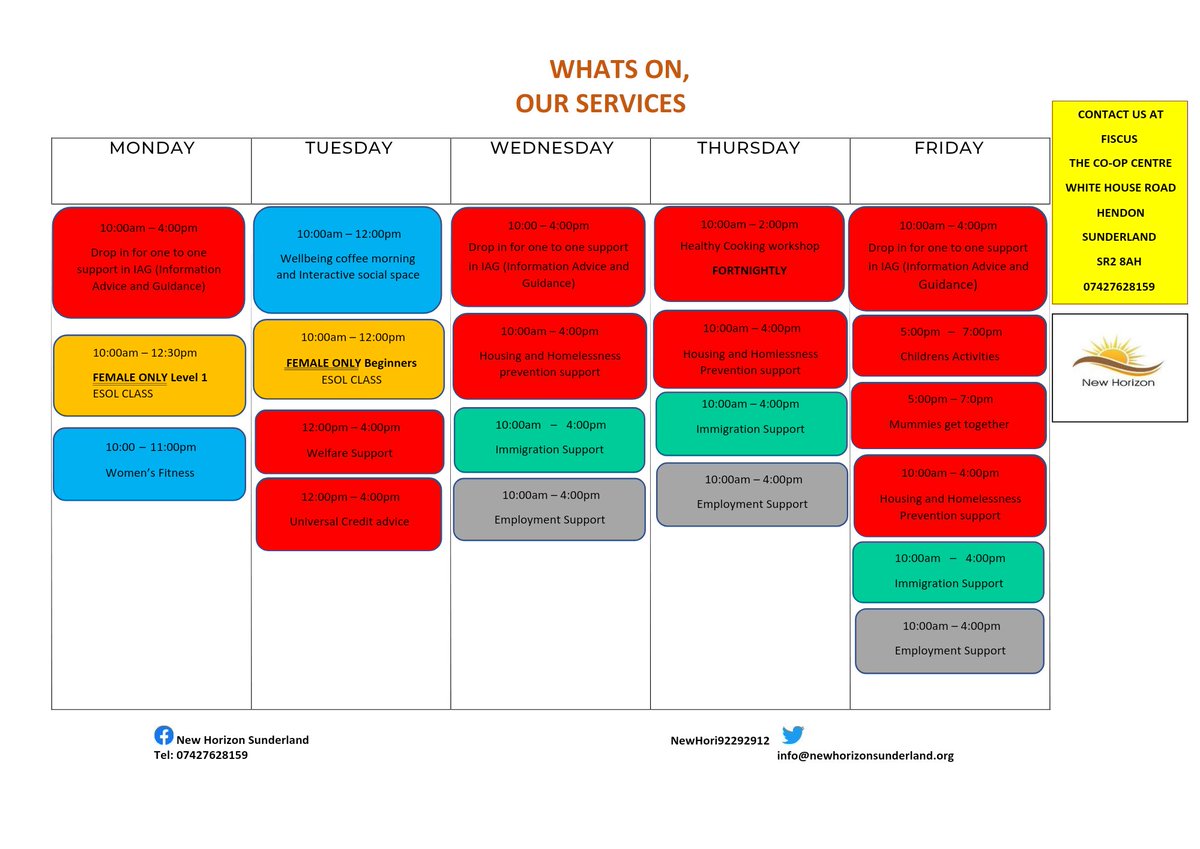 NewHorizonSun's tweet photo. This is our new timetable for New Horizon Sunderland. 
Due to building work at Sunderland Bangladesh international centre we have moved to a new office. 
For our activities venue please contact us on the mobile number provided and we will guide you. https://t.co/mpgfd4CRlq