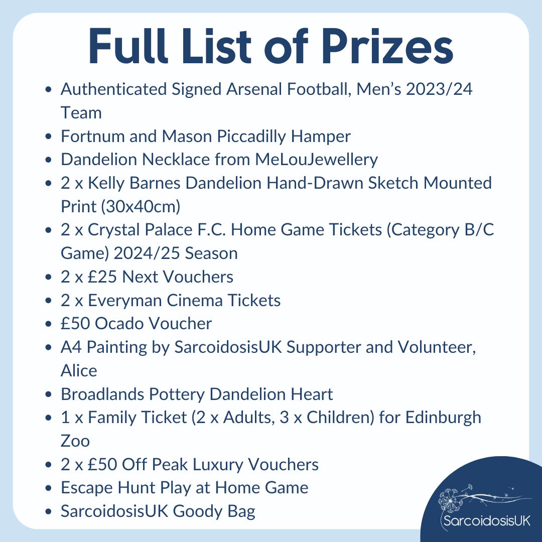 🌟SARCOIDOSISUK AWARENESS MONTH RAFFLE 🌟 We have over 17 amazing prizes, thank you to everyone who has donated a prize 💙 £2 per ticket! You must be 16+ to enter. Click here to enter now and for information about eligibility to enter: buff.ly/3TWx4tW