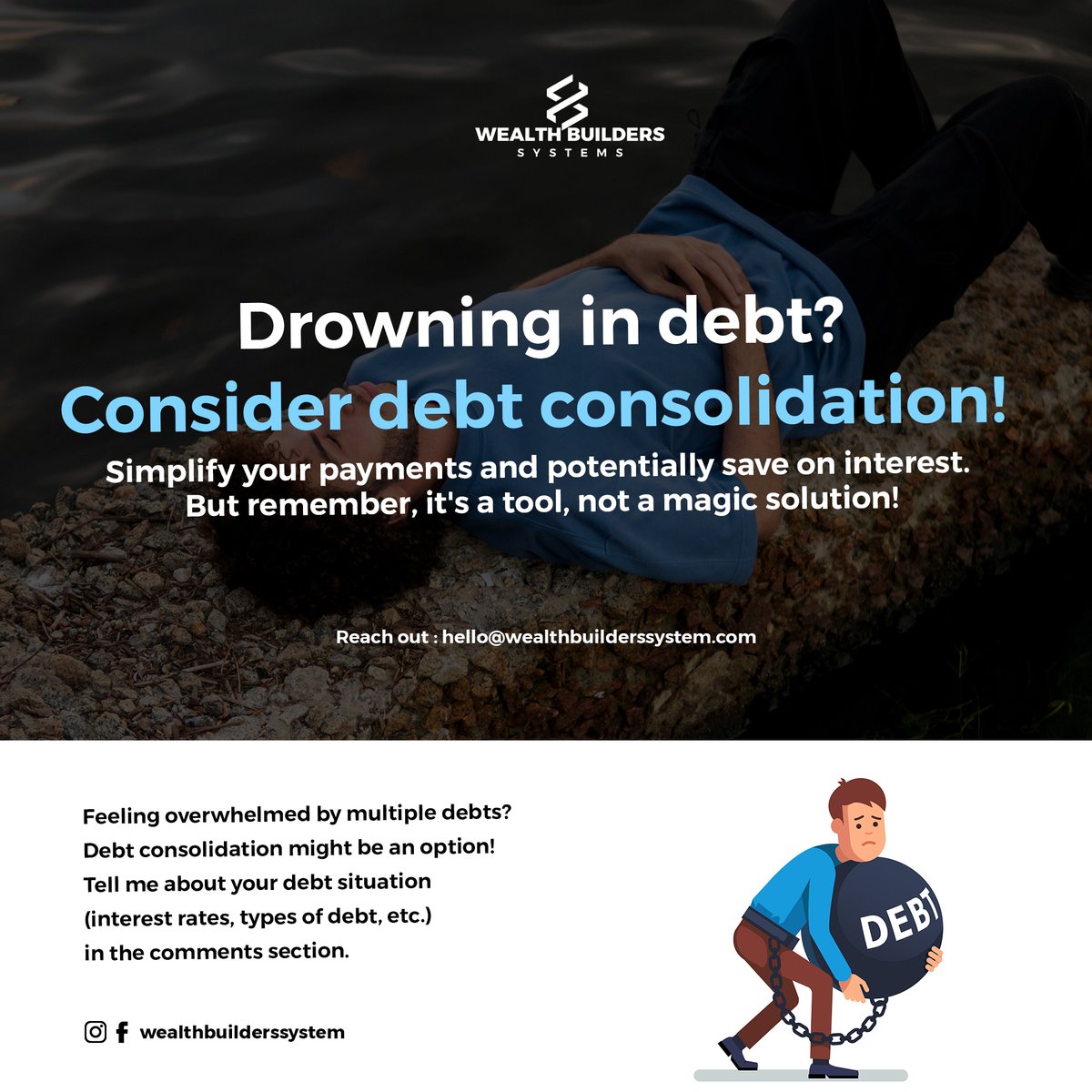 Struggling with multiple debts?  Debt consolidation could simplify your payments & potentially save on interest! But remember, it's not a magic bullet  Read the key factors to consider before consolidating your debt. #WealthBuilderSystem #debtfreecommunity #financialguidance