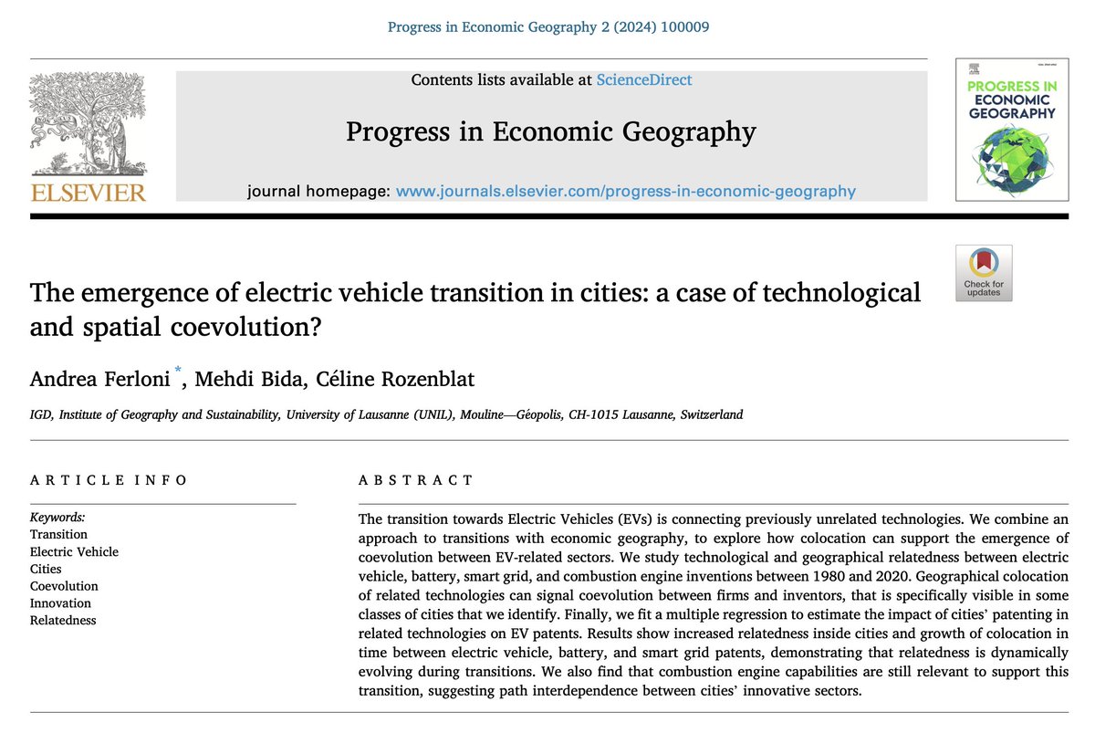 📗🚘New paper published in Progress in Economic Geography: 'The emergence of electric vehicle transition in cities: a case of technological and spatial coevolution?' by @AndreaFerloni2, Mehdi Bida and @C_Rozenblat #OpenAccess #transition #coevolution sciencedirect.com/science/articl…