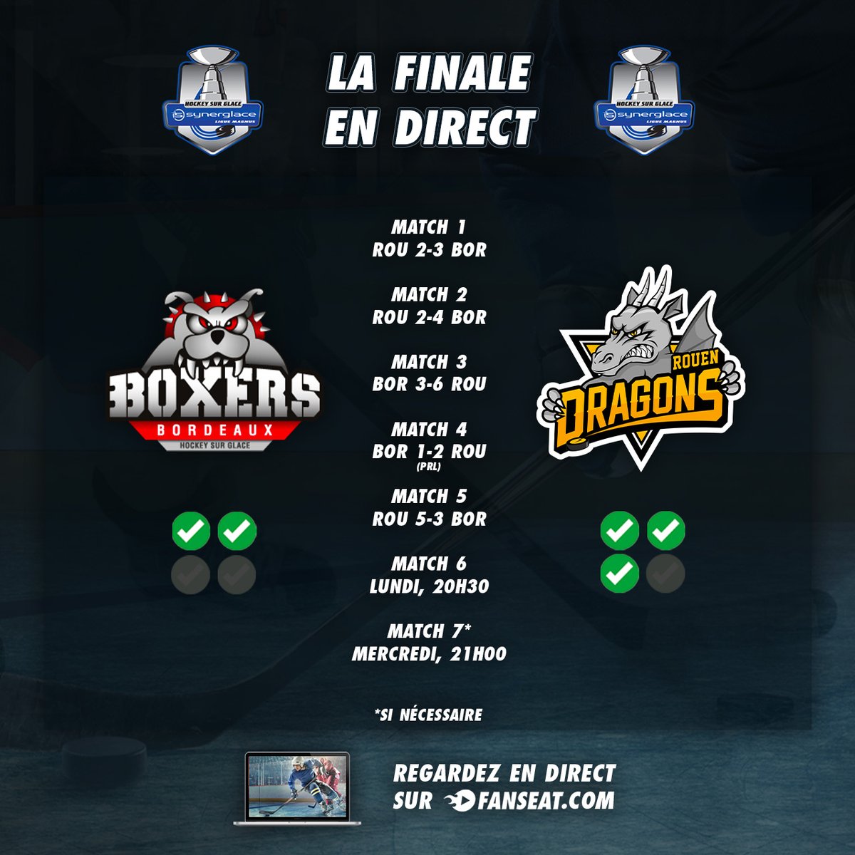 🏒🇫🇷 Les Dragons de Rouen peuvent remporter la @LigueMagnus avec une victoire ce soir à Bordeaux ! 📺 Regardez le match en direct sur FANSEAT #SLMHockey