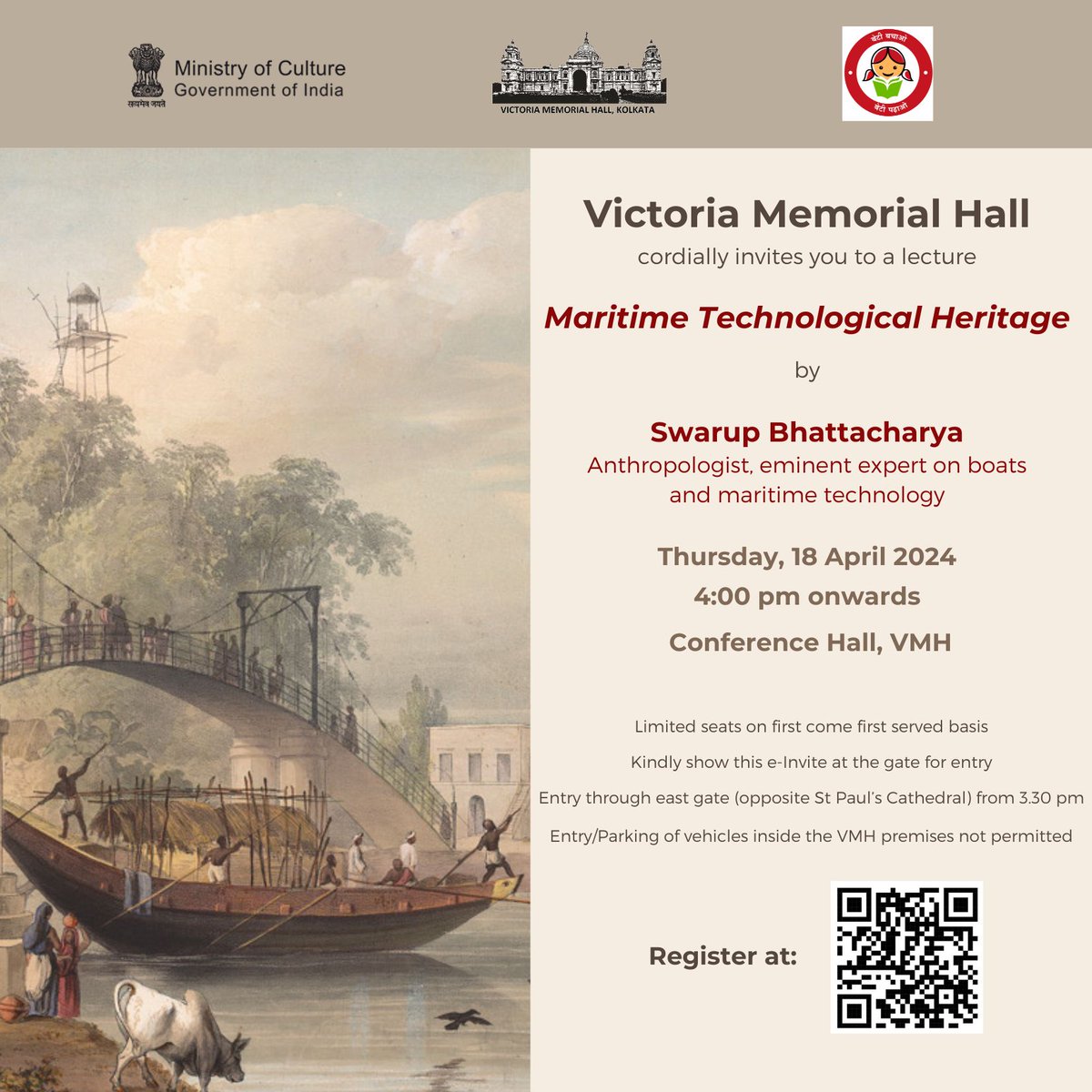 All are cordially invited. Entry will be exclusively based upon pre-registration. To attend the lecture scan the QR code or register at docs.google.com/.../1FAIpQLSc4…... Image - from the reserve collection of Victoria Memorial, Kolkata #VMH #Lectures2024 #maritimeheritage