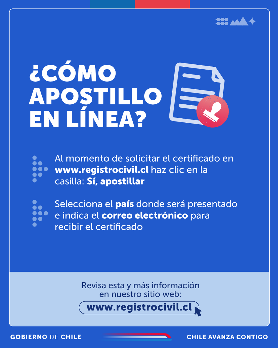 RegCivil_Chile's tweet photo. ¿Lo sabías? En https://t.co/adWi8Tva8P  es posible      apostillar en línea 28 certificados, entre ellos el de antecedentes, nacimiento, matrimonio y defunción. https://t.co/SEbUTJkPBz