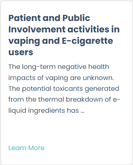 A new PPI opportunity! This PhD research in @RCSI_Irl is looking at the long-term negative health impacts of vaping e-liquids. Learn more and get involved here: tinyurl.com/mryhjswb